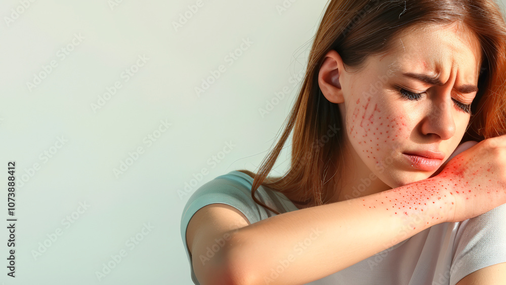 A young woman shows signs of an allergic reaction with redness and swelling on her arms while consulting a dermatologist for treatment options A young woman shows signs of an allergic reaction with redness and swelling on her arms while consulting a dermatologist for treatment options