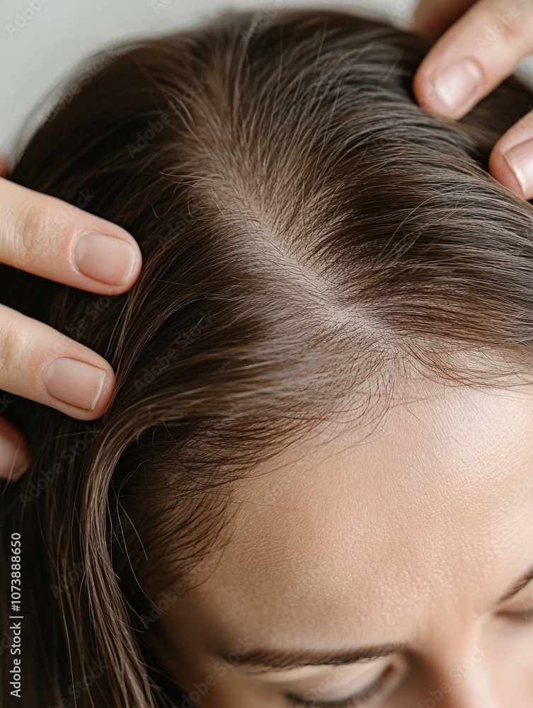 Obraz premium A woman gently examines her scalp for hair loss, her hands carefully parting her hair to reveal thinning areas. The setting is bright and tranquil