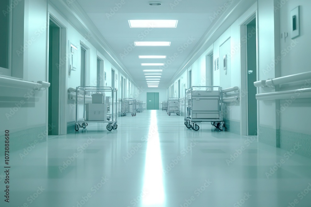 A clean hospital corridor with emergency equipment trolleys lined neatly, bright lighting and soft color tones enhancing the sterile look. A clean hospital corridor with emergency equipment trolleys lined neatly, bright lighting and soft color tones enhancing the sterile look.