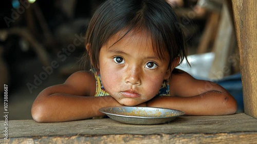 A young girl rests her head on her arms, looking at a small, empty plate in front of her