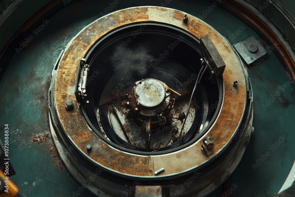 Aerial view of an industrial machine showcasing intricate design and unique engineering. The circular structure draws attention to precision and functionality. Generative AI Aerial view of an industrial machine showcasing intricate design and unique engineering. The circular structure draws attention to precision and functionality. Generative AI