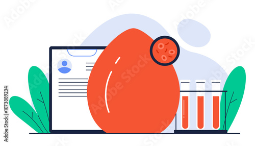  Medical blood testing. Blood samples in test tubes, drop of blood, exam checklist. Clinical laboratory analysis concept. Isolated vector illustration in cartoon style