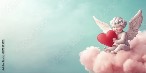 Heavenly Cupid Sitting on a Cloud Holding a Red Heart Against a Pastel Sky photo