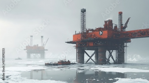 Offshore oil rigs in arctic environment amidst ice and fog photo