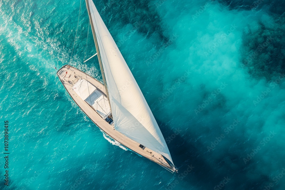 Stunning aerial view of an elegant sailboat gliding over crystal clear turquoise waters Stunning aerial view of an elegant sailboat gliding over crystal clear turquoise waters