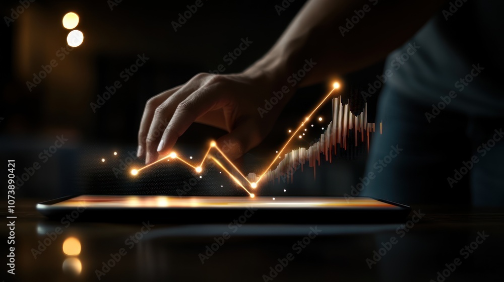 A hand interacts with a digital tablet displaying dynamic data visualizations. A hand interacts with a digital tablet displaying dynamic data visualizations.