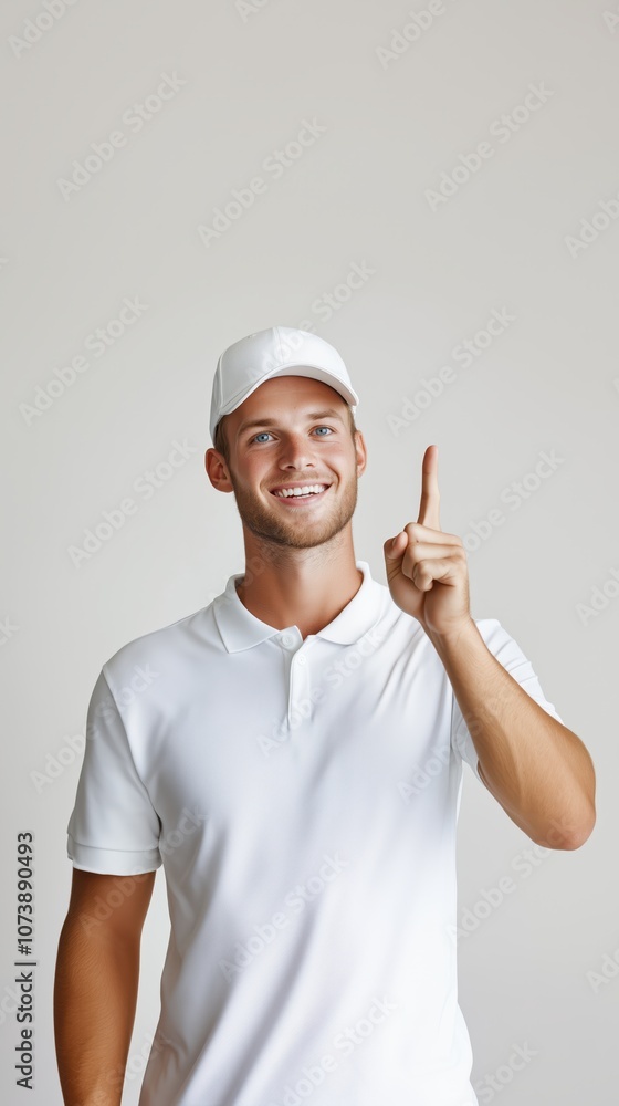 Portrait of a Smiling Man in White Polo Pointing Upwards in a Minimalist Studio Setting Portrait of a Smiling Man in White Polo Pointing Upwards in a Minimalist Studio Setting
