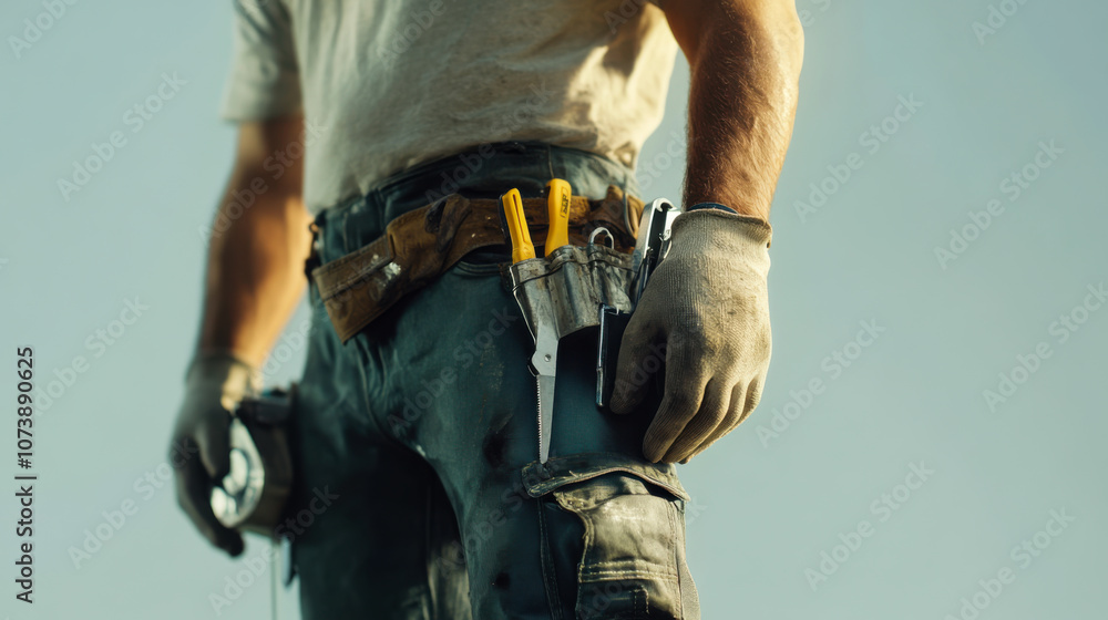A skilled worker stands proudly with tools ready for the next task in a workshop with a turquoise background A skilled worker stands proudly with tools ready for the next task in a workshop with a turquoise background