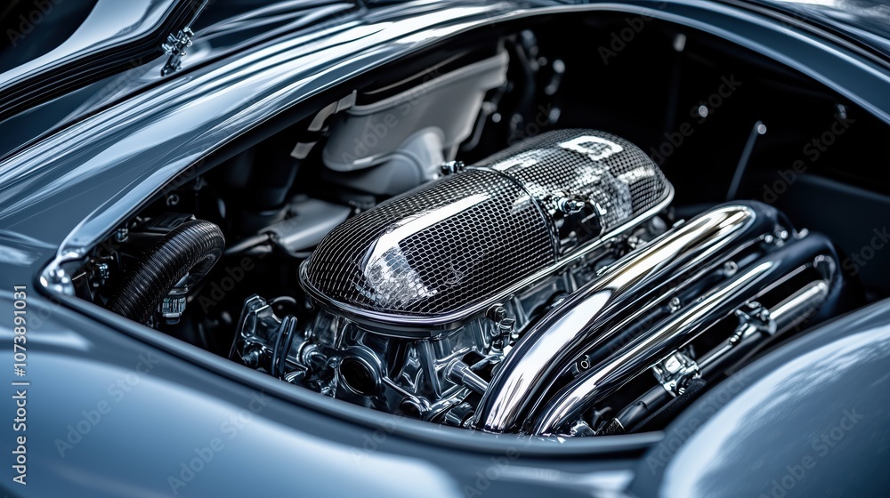 Close-Up View of a Classic Car Engine Bay with Chrome Detailing in an Open-Roofed Silver Sports Car Showcasing Mechanical Engineering and Automotive Design Excellence Close-Up View of a Classic Car Engine Bay with Chrome Detailing in an Open-Roofed Silver Sports Car Showcasing Mechanical Engineering and Automotive Design Excellence
