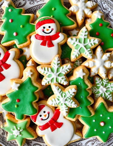 Festively Decorated Holiday Cookies on Ornate Plate Created with Generative AI photo