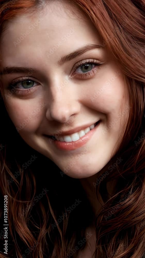 Portrait of a smiling woman with long, wavy red hair against a dark background, showcasing natural beauty and warmth. Portrait of a smiling woman with long, wavy red hair against a dark background, showcasing natural beauty and warmth.