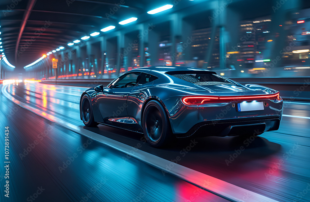 Naklejka premium A modern silver-coloured car drives through a tunnel with neon lights.