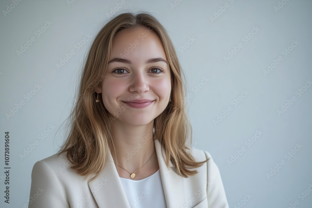 Young woman with a warm smile dressed in a light blazer against a neutral backdrop during a professional setting. Generative AI Young woman with a warm smile dressed in a light blazer against a neutral backdrop during a professional setting. Generative AI