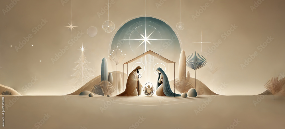 Naklejka premium Nativity scene in Bethlehem. Watercolor painting. Christmas scene illustration showing holy family baby Jesus in the manger Mary and Joseph. Banner copy space