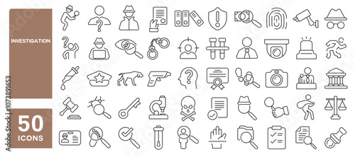 Set of 50 line icons related to investigation, detective, search, spy, clues, tracking, criminal, sleuth, solve, Editable stroke. Vector illustration