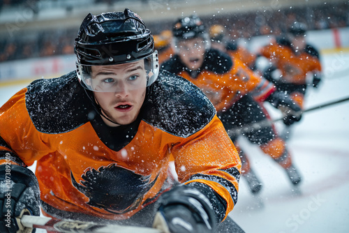 Hockey players in uniforms battling for puck on ice rink, while snow spraying up from their skates during intense game. Concept of winter competitive sports, teamwork photo