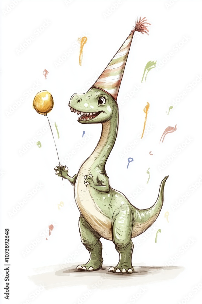 Fototapeta premium Happy Cartoon Dinosaur Celebrating Birthday with Balloon and Party Hat Illustration