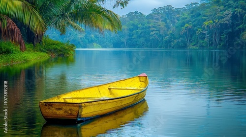 Photo of a yellow rowboat on the calm waters near a rainforest photo