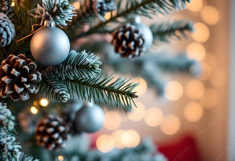 Christmas Tree Branch with Matte Ornaments and Pinecones Created with Generative AI Christmas Tree Branch with Matte Ornaments and Pinecones Created with Generative AI