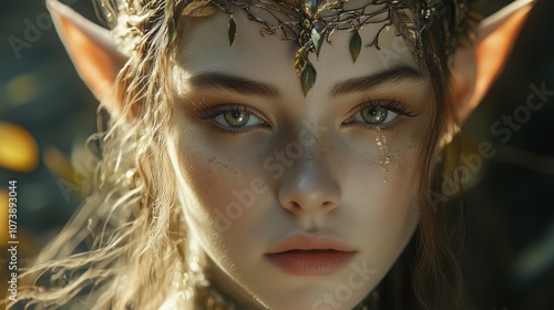 Enchanted elf princess with golden tears in mystical forest