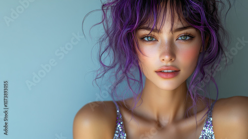 A confident young woman with vibrant purple hair poses elegantly against a soft gray background, showcasing her striking features and captivating gaze