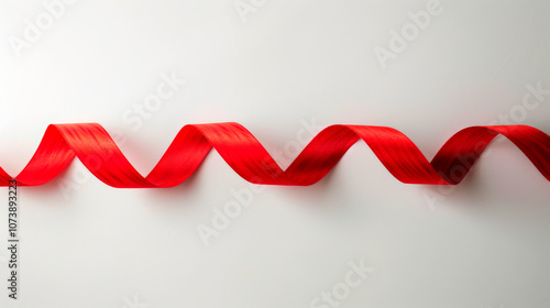 A vibrant red ribbon rests on a clean white background, showcasing its smooth texture and playful curves, perfect for celebrations and gift adornments