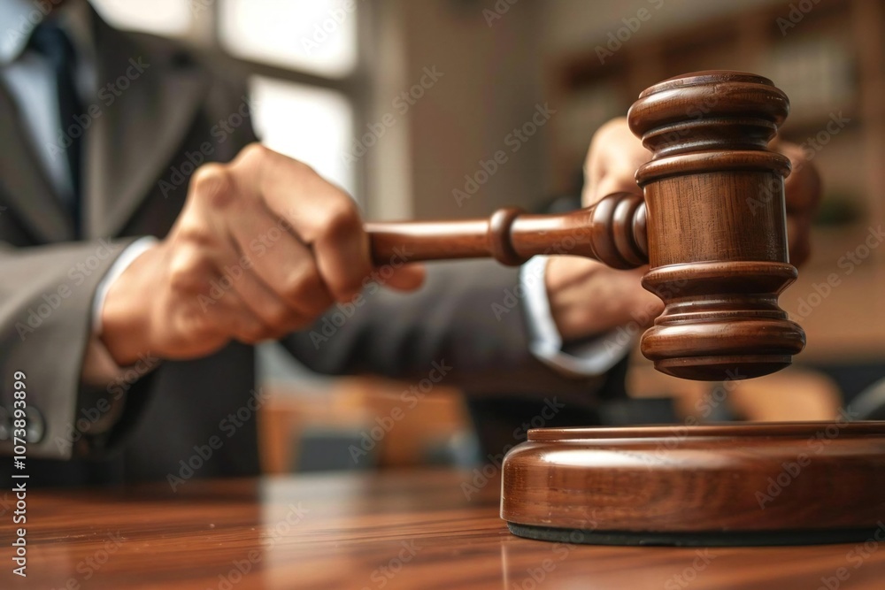 Waist up photo of male Caucasian lawyer striking gavel in office Waist up photo of male Caucasian lawyer striking gavel in office