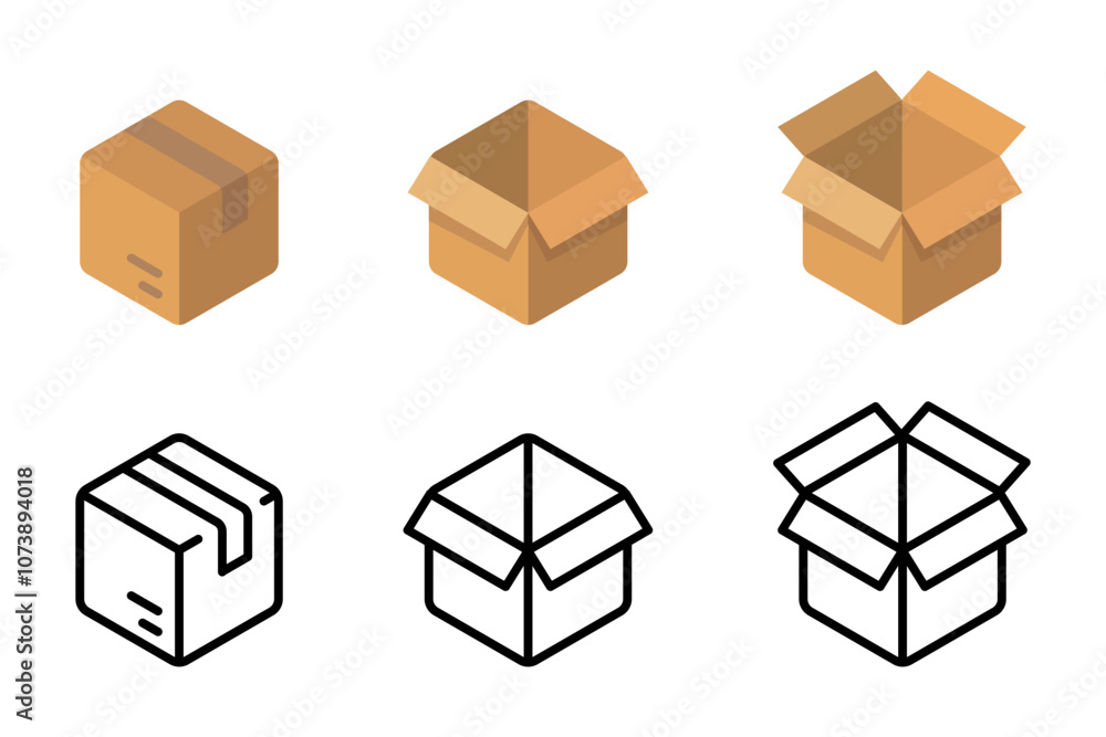 Package icon. Cardboard box mockup. Shipping carton open and closed box with breakable signs. Delivery symbol. Transportation packing pictogram. Package icon. Cardboard box mockup. Shipping carton open and closed box with breakable signs. Delivery symbol. Transportation packing pictogram.