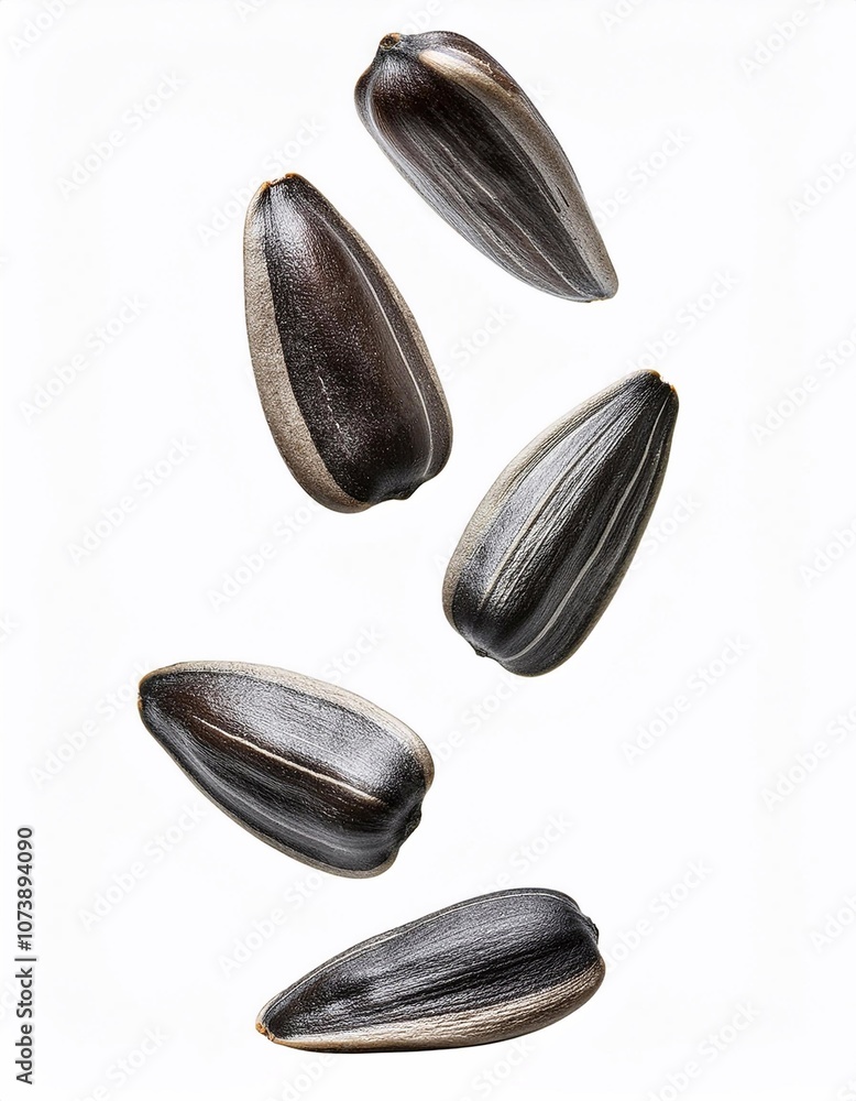 Sunflower seeds falling against white background Sunflower seeds falling against white background
