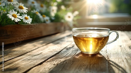 Chamomile Tea in Glass Teacup on Rustic Wooden background