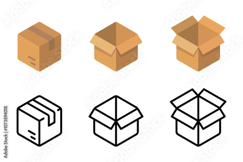 Package icon. Cardboard box mockup. Shipping carton open and closed box with breakable signs. Delivery symbol. Transportation packing pictogram.