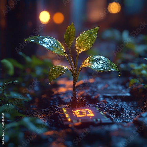 Futuristic tree sprouting from a microchip, glowing green leaves photo