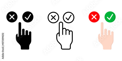 Finger chooses color icon. Choice yes or no illustration. Positive or negative symbol. Checkmark cross and correct sign. Decision pictogram.