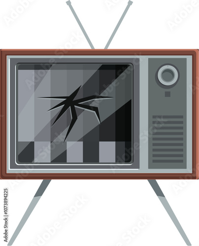 Retro television set with broken screen displaying test signal bars, suggesting obsolescence or malfunction