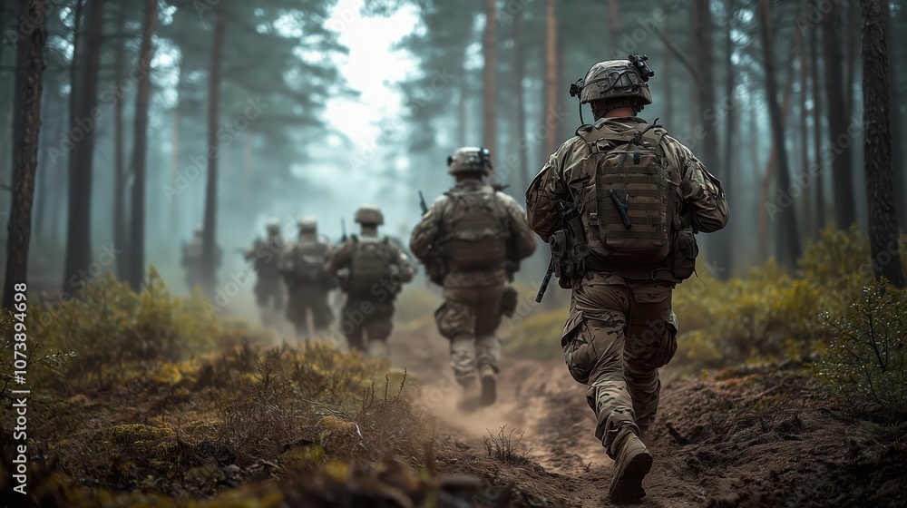 Group of Soldiers Moving Strategically Through Foggy Forest for Tactical Operation Group of Soldiers Moving Strategically Through Foggy Forest for Tactical Operation