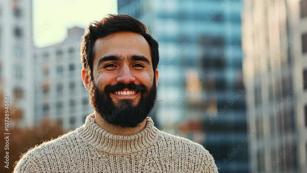 Bearded man in a sweater, standing outdoors with a slight smile, city buildings blurred in the background Bearded man in a sweater, standing outdoors with a slight smile, city buildings blurred in the background
