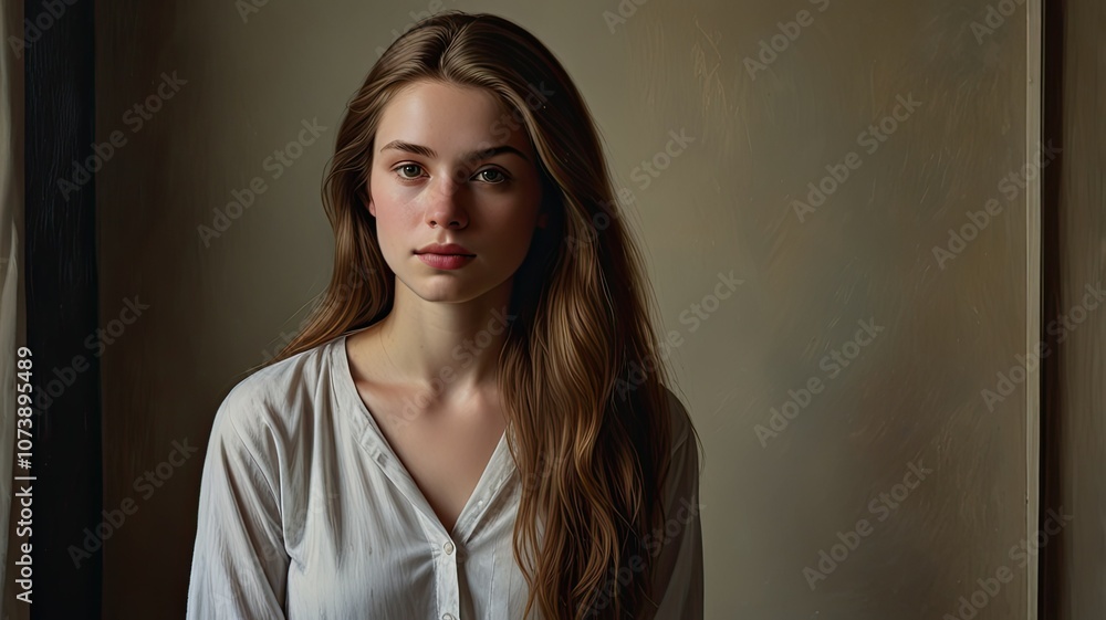 A young woman with flowing hair is seated quietly indoors reflecting a calm demeanor amidst a softly lit and minimalistic atmosphere emphasizing her natural beauty A young woman with flowing hair is seated quietly indoors reflecting a calm demeanor amidst a softly lit and minimalistic atmosphere emphasizing her natural beauty
