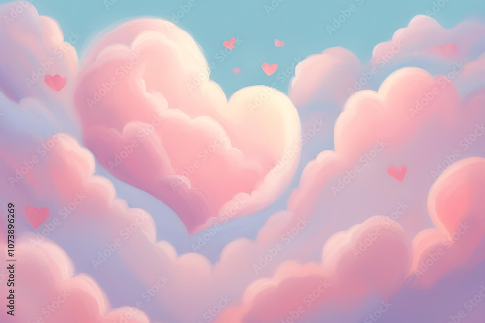 Romantic Heart Shapes Floating in Pink Pastel Clouds at Sunset, Heart shapes floating among soft pink clouds in a dreamy sunset sky Romantic Heart Shapes Floating in Pink Pastel Clouds at Sunset, Heart shapes floating among soft pink clouds in a dreamy sunset sky