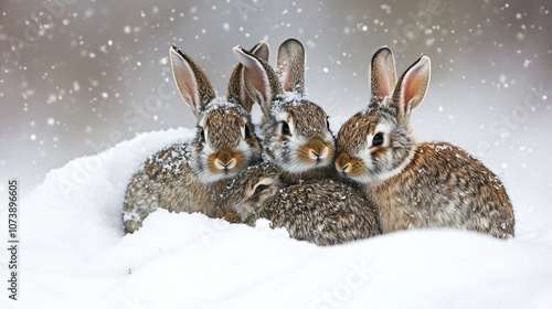 family of rabbits huddling together in the snowm rabbit, bunny, animal, easter, hare, mammal, fur, winter, cartoon, holiday, toy, christmas, pet, animals, fluffy, celebration, pets, snow, cute, ears,  photo