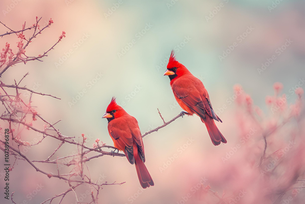 Pair of Cardinals on a Delicate Blossom Branch, Two vibrant red cardinals perched gracefully on a soft, floral branch in serene surroundings Pair of Cardinals on a Delicate Blossom Branch, Two vibrant red cardinals perched gracefully on a soft, floral branch in serene surroundings
