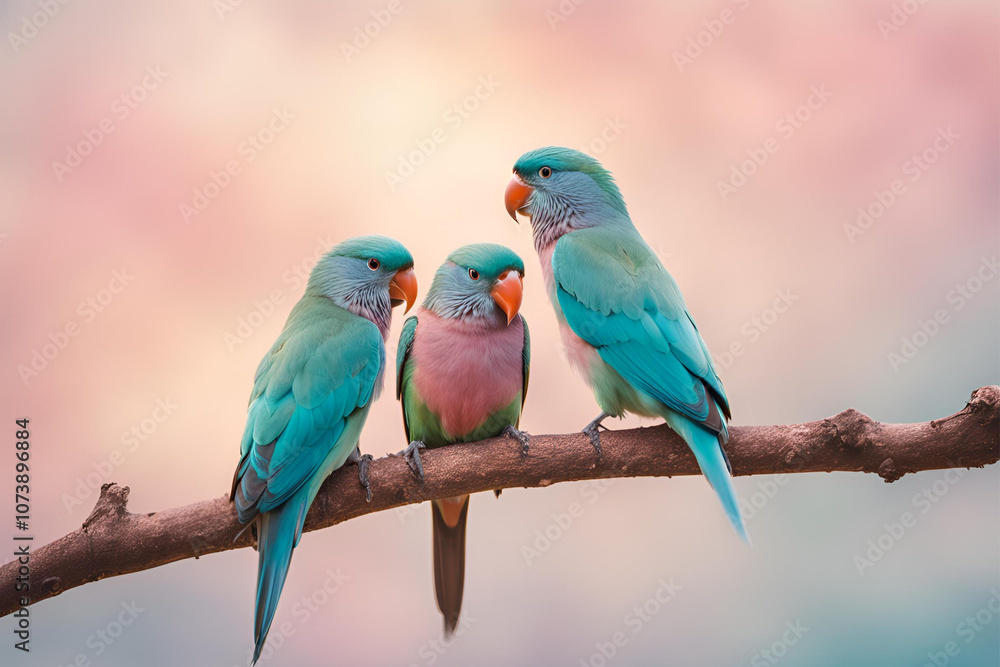 Elegant Pair of Pale Blue Birds on a Delicate Branch, Two soft blue birds perched on a delicate branch surrounded by pastel blossoms Elegant Pair of Pale Blue Birds on a Delicate Branch, Two soft blue birds perched on a delicate branch surrounded by pastel blossoms