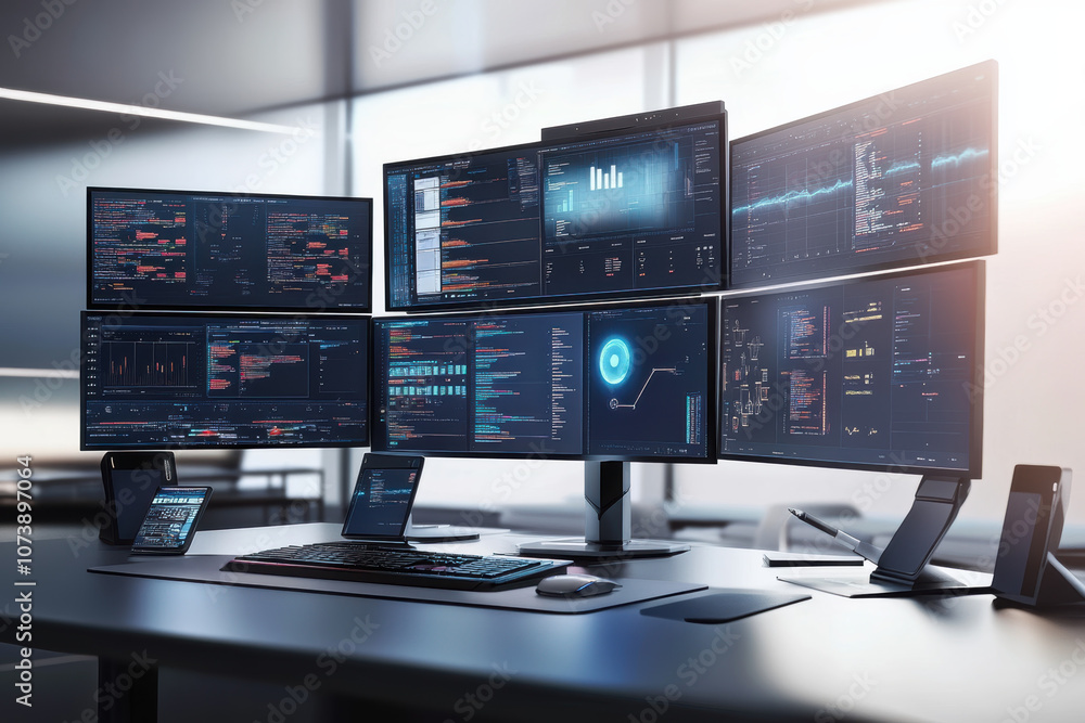 Modern cybersecurity command center with multiple monitors in a high-tech office Modern cybersecurity command center with multiple monitors in a high-tech office