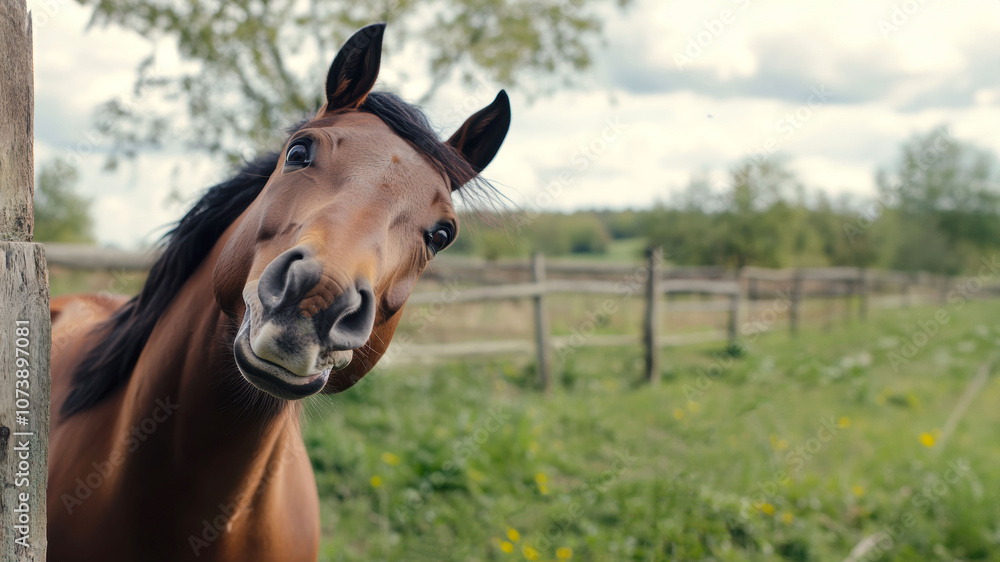 Obraz premium Playful horse with tilted head in lush pasture