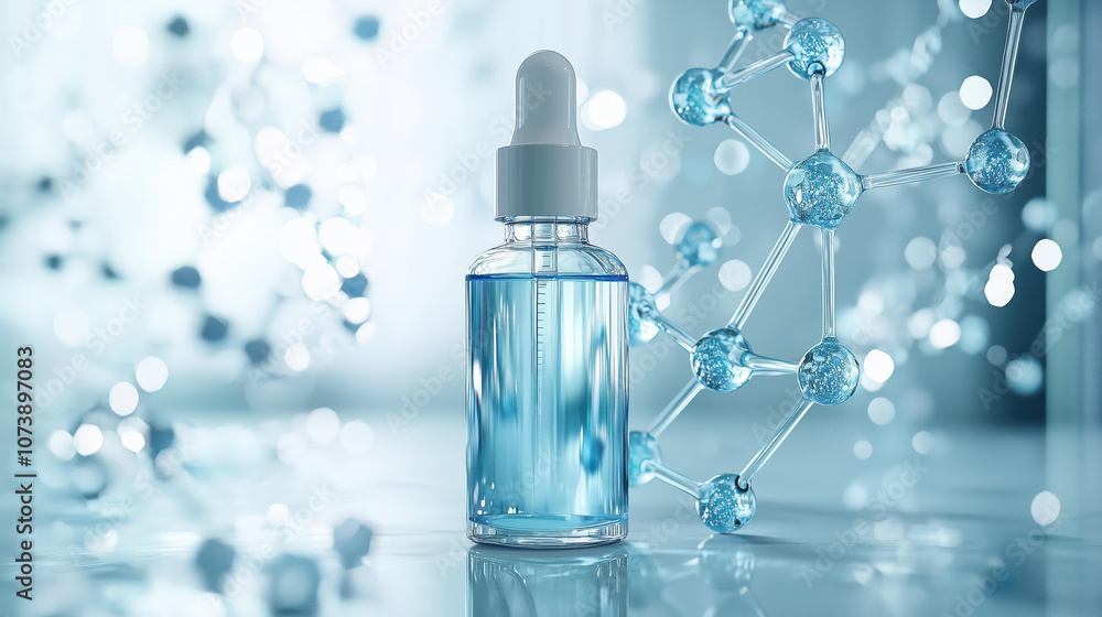 Elegant Serum Bottle on a Reflective Surface with Molecular Structures Depicting Science and Beauty Elements Elegant Serum Bottle on a Reflective Surface with Molecular Structures Depicting Science and Beauty Elements