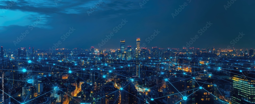 Obraz premium Modern city with wireless network connection and city scape concept.Wireless network and Connection technology concept with city background at night.