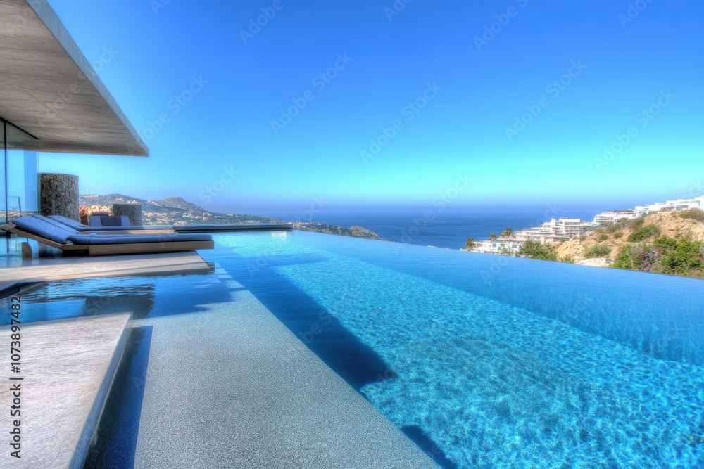 Fototapeta premium Serene minimalist outdoor pool with clear blue water and scenic horizon