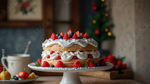 Pavlova cake on the winter festive background