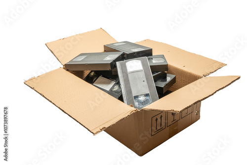 A box full of old VHS tapes. The box is open and the tapes are scattered inside