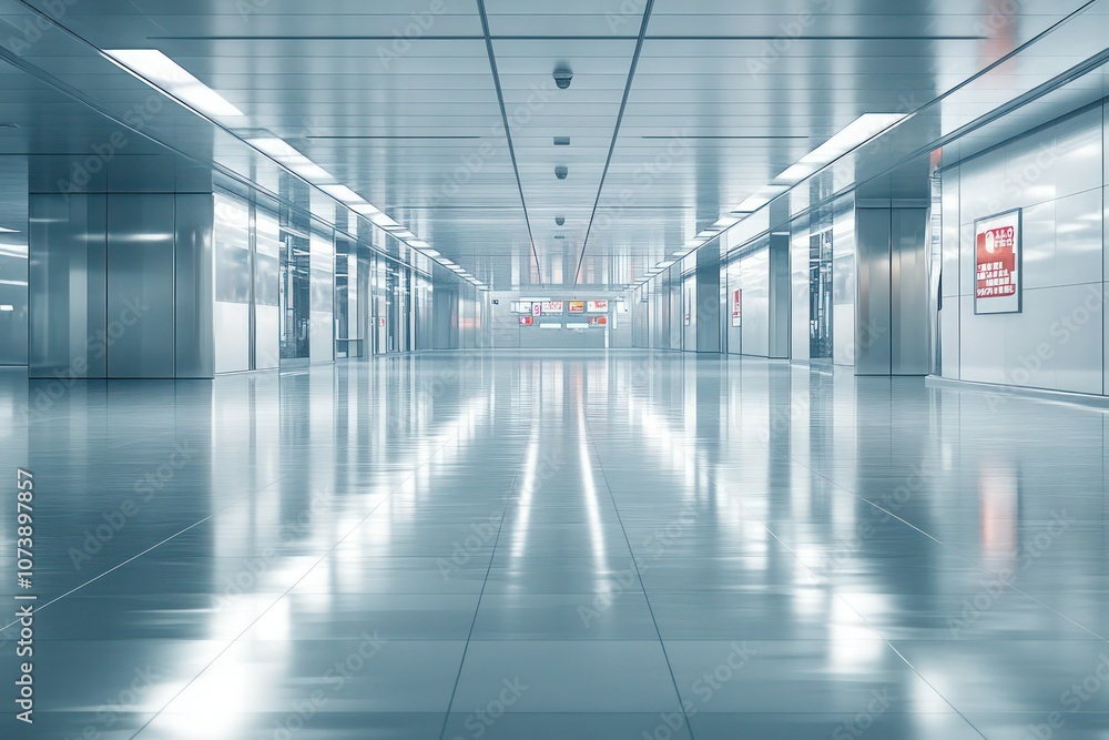 A high-ceilinged minimalist hall with glossy floors, metallic accents, and faded signage in the distance. A high-ceilinged minimalist hall with glossy floors, metallic accents, and faded signage in the distance.