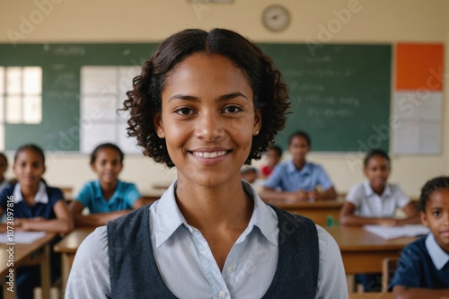 Close portrait of a smiling young Seychellois female elegant primary school teacher standing and looking at the camera, indoors almost empty classroom blurred background